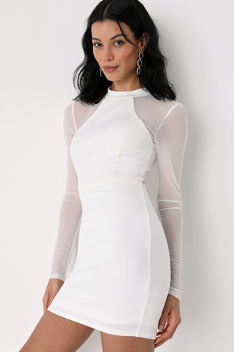 White Mesh Long Sleeve Bodycon Mini Dress | Womens | X-Small (Available in S, M, L, XL) | 100% Polyester | Lulus | Stretchy Fabric
